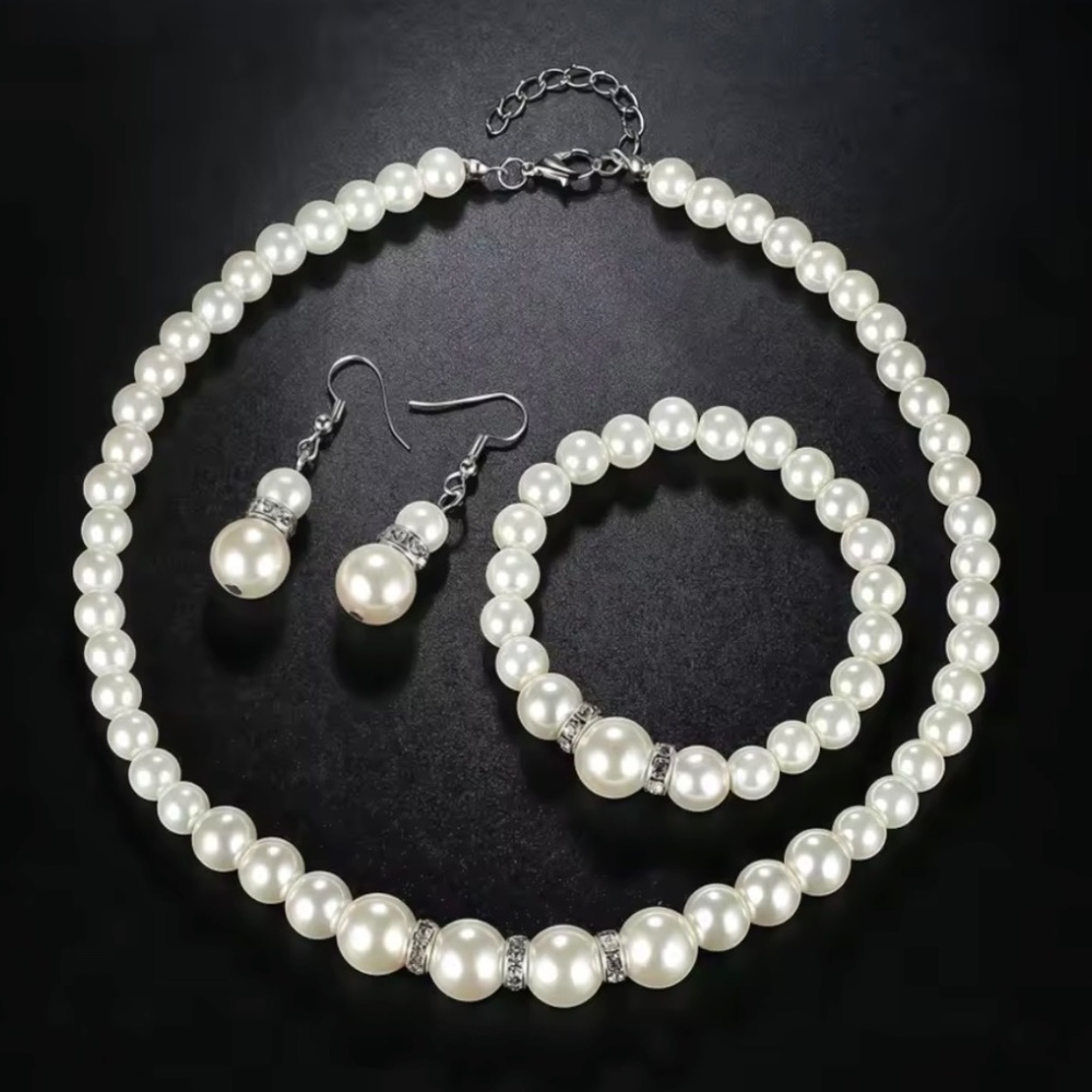 ✨ 3 PCS Imitation Pearl Fireball Necklace Bracelet Earring Stud Jewelry Set